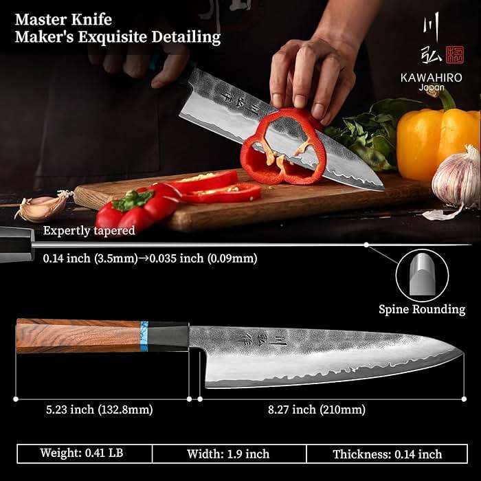 KAWAHIRO Japanese Chef Knife, 8 Inch Hand Forged Razor Sharp VG10 Kitchen Knife for Effortless Meat & Veggie Slicing, Professional Gyuto with Ergonomic Octagonal Handle, father day gifts - Image 6