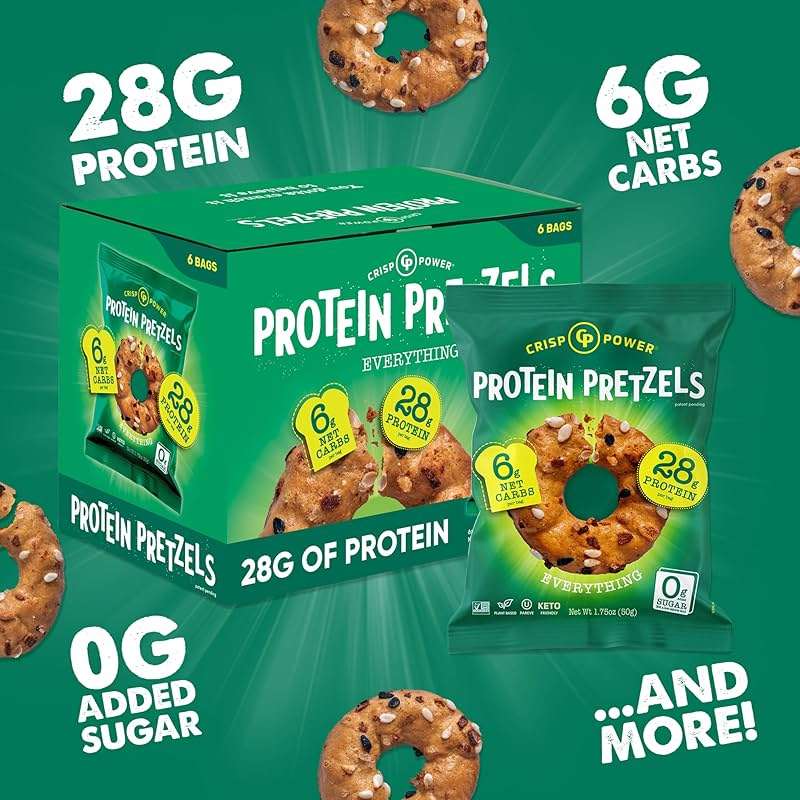 CRISP POWER Protein Pretzels, Everything, 28G Protein, High Protein Snack, High Fiber, Low Carb Crunchy Pretzel Snacks, No Added Sugar, 1.75 oz Bags, 6 Pack, Vegan, Keto - Image 3