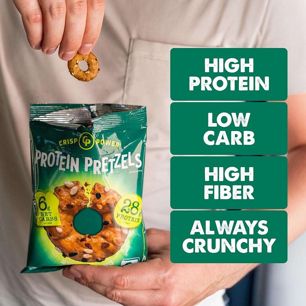 CRISP POWER Protein Pretzels, Everything, 28G Protein, High Protein Snack, High Fiber, Low Carb Crunchy Pretzel Snacks, No Added Sugar, 1.75 oz Bags, 6 Pack, Vegan, Keto - Image 5