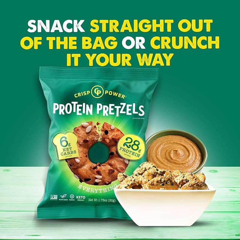 CRISP POWER Protein Pretzels, Everything, 28G Protein, High Protein Snack, High Fiber, Low Carb Crunchy Pretzel Snacks, No Added Sugar, 1.75 oz Bags, 6 Pack, Vegan, Keto - Image 6
