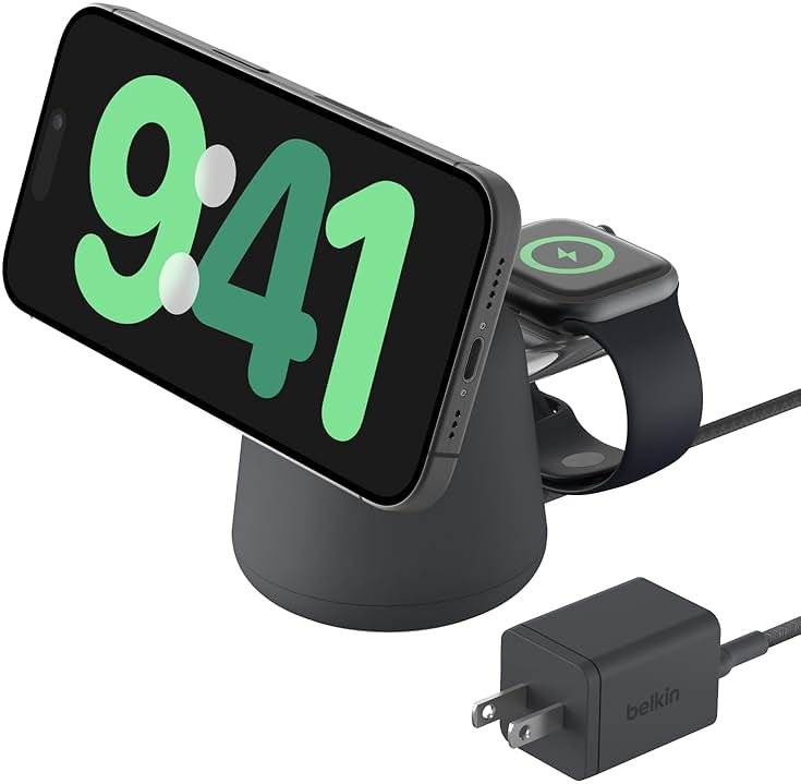 Belkin 2-in-1 MagSafe Wireless Charging Dock 15W Fast Charge iPhone Charger Compatible with iPhone 17, 16, 15, and 14 Series, AirPods, Pixel 10, and Other MagSafe Enabled Devices, PSU Included - Black - Product Image