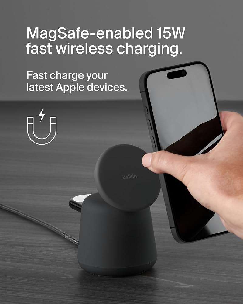 Belkin 2-in-1 MagSafe Wireless Charging Dock 15W Fast Charge iPhone Charger Compatible with iPhone 17, 16, 15, and 14 Series, AirPods, Pixel 10, and Other MagSafe Enabled Devices, PSU Included - Black - Image 2