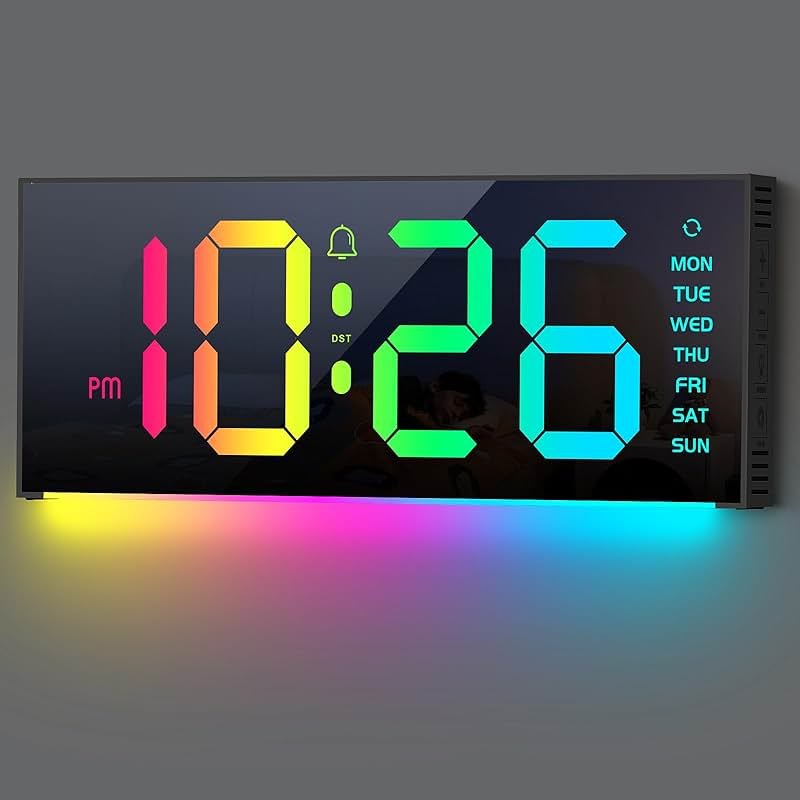 Abovsare Digital Wall Clock Large Display, 13" Alarm Clock with 12 RGB Colors Changing Remote Control, LED Clocks with Night Lights for Living Room Bedroom Office Wall Decor, Black - Product Image