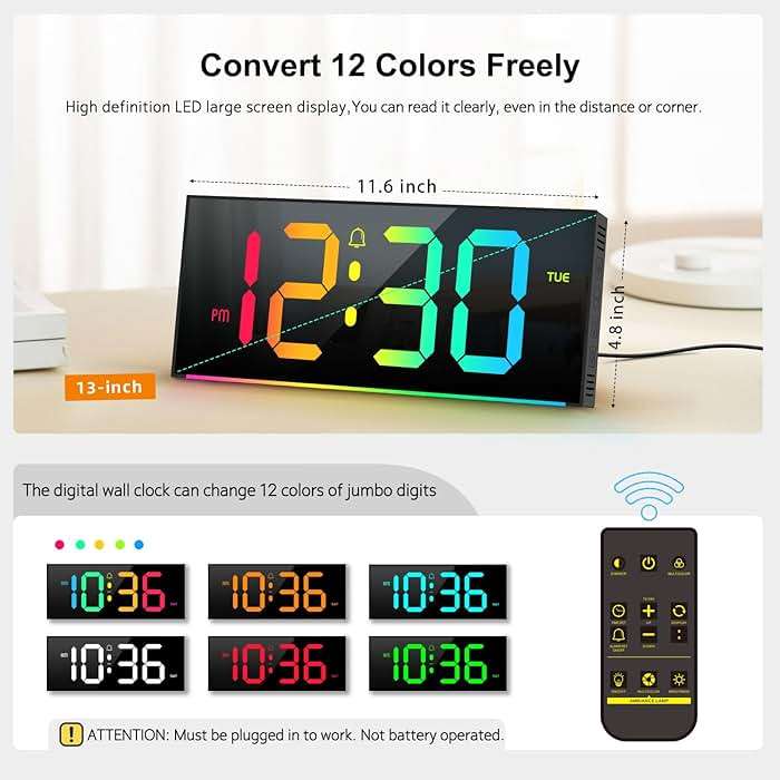 Abovsare Digital Wall Clock Large Display, 13" Alarm Clock with 12 RGB Colors Changing Remote Control, LED Clocks with Night Lights for Living Room Bedroom Office Wall Decor, Black - Image 2