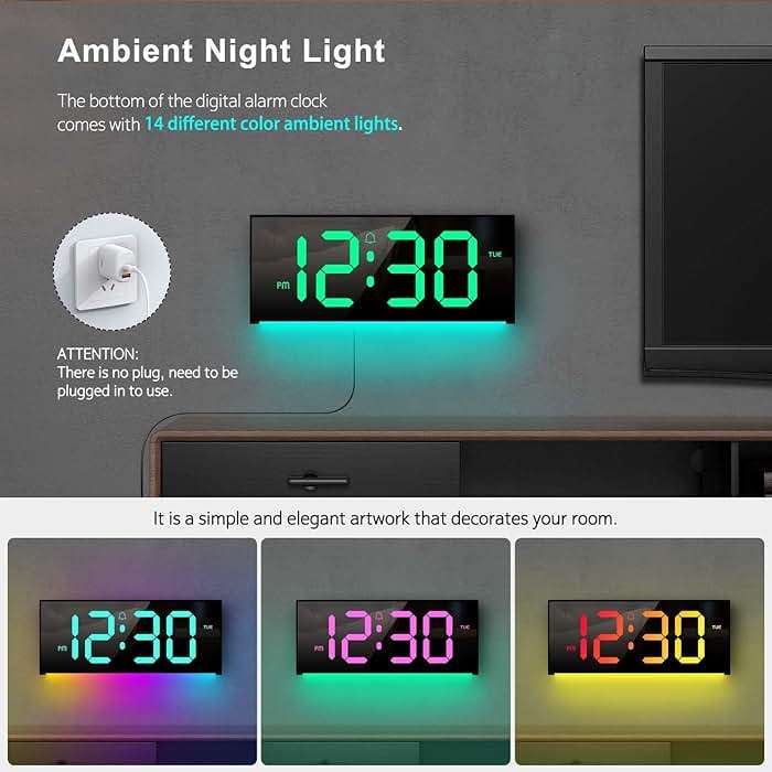 Abovsare Digital Wall Clock Large Display, 13" Alarm Clock with 12 RGB Colors Changing Remote Control, LED Clocks with Night Lights for Living Room Bedroom Office Wall Decor, Black - Image 3