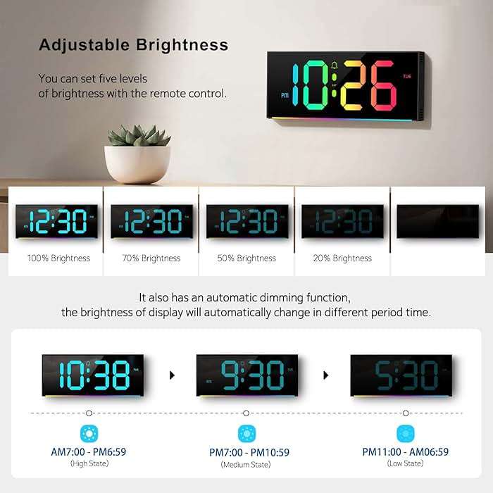 Abovsare Digital Wall Clock Large Display, 13" Alarm Clock with 12 RGB Colors Changing Remote Control, LED Clocks with Night Lights for Living Room Bedroom Office Wall Decor, Black - Image 5