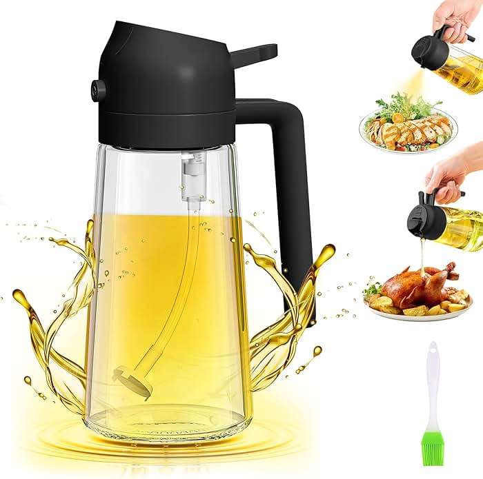 YOUSHEME 2 in 1 Glass Oil Sprayer&Dispenser,2024 New 2-in-1 Olive Oil Dispenser Bottle for Kitchen 470ml with brush,Food-grade Oil Mister Spray Bottle for Cooking, Air Fryer,Salad,BBQ(Black, 470ml) - Image 1