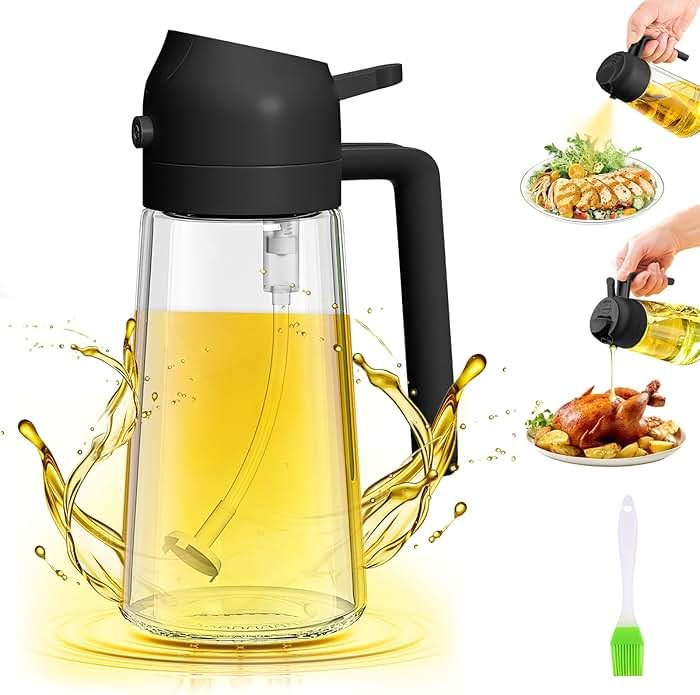 YOUSHEME 2 in 1 Glass Oil Sprayer&Dispenser,2024 New 2-in-1 Olive Oil Dispenser Bottle for Kitchen 470ml with brush,Food-grade Oil Mister Spray Bottle for Cooking, Air Fryer,Salad,BBQ(Black, 470ml) - Product Image