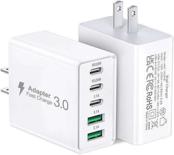 2Pack USB C Fast Charger Block,60W 5-Port USB Wall Charger Brick,2 USB A & 3 USB C PD3.0 Power Adapter Multiport Type C Charging Plug for iPhone 17/16/15/14,Pad Mini/Pro,AirPods 4,GalaxyS25(White) - Image 1