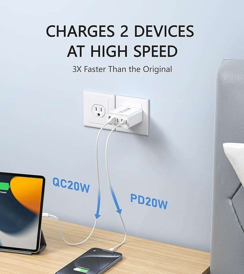 2Pack USB C Fast Charger Block,60W 5-Port USB Wall Charger Brick,2 USB A & 3 USB C PD3.0 Power Adapter Multiport Type C Charging Plug for iPhone 17/16/15/14,Pad Mini/Pro,AirPods 4,GalaxyS25(White) - Image 3