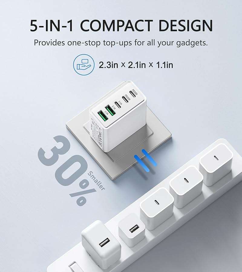 2Pack USB C Fast Charger Block,60W 5-Port USB Wall Charger Brick,2 USB A & 3 USB C PD3.0 Power Adapter Multiport Type C Charging Plug for iPhone 17/16/15/14,Pad Mini/Pro,AirPods 4,GalaxyS25(White) - Image 6