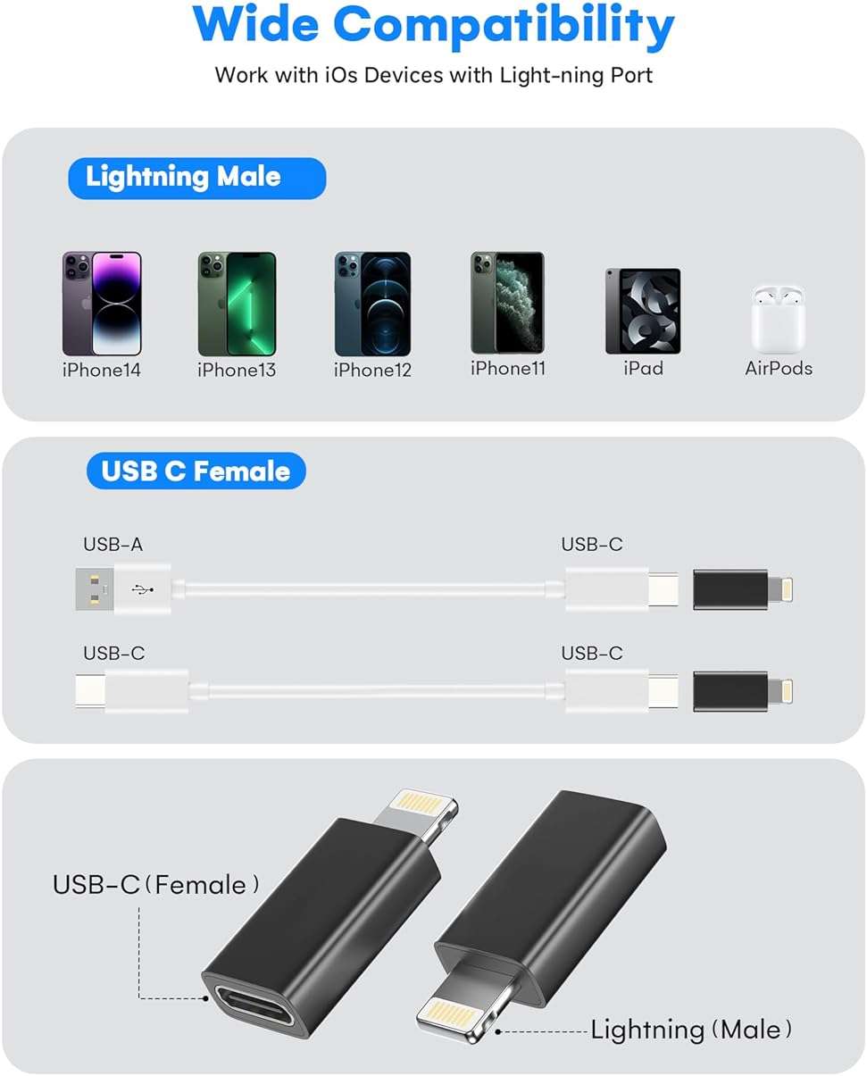 MFi Certified USB C to Lightning Adapter 4-Pack, 27W Fast Charging & Data Sync, Lightning to USB Type C Cable Adapter for iPhone 14/13/12/Pro/Max,iPad,AirPods,with Anti-Loss Lanyard,Not for Audio/OTG - Image 5