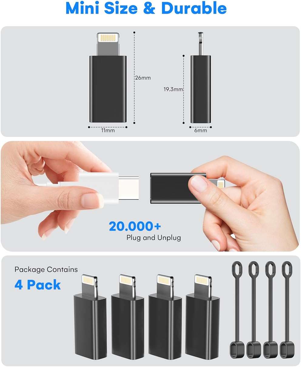 MFi Certified USB C to Lightning Adapter 4-Pack, 27W Fast Charging & Data Sync, Lightning to USB Type C Cable Adapter for iPhone 14/13/12/Pro/Max,iPad,AirPods,with Anti-Loss Lanyard,Not for Audio/OTG - Image 8