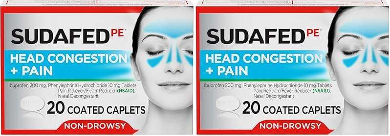 Sudafed PE Non-Drowsy Head Congestion + Pain Relief Caplets with Ibuprofen 200 mg & Phenylephrine HCl 10 mg, Nasal Decongestant & NSAID Pain Reliever & Fever Reducer, 20 ct (Pack of 2) - Image 1