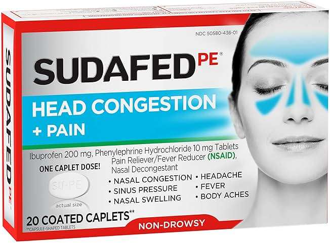 Sudafed PE Non-Drowsy Head Congestion + Pain Relief Caplets with Ibuprofen 200 mg & Phenylephrine HCl 10 mg, Nasal Decongestant & NSAID Pain Reliever & Fever Reducer, 20 ct (Pack of 2) - Image 13
