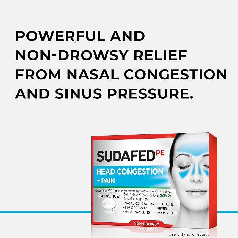 Sudafed PE Non-Drowsy Head Congestion + Pain Relief Caplets with Ibuprofen 200 mg & Phenylephrine HCl 10 mg, Nasal Decongestant & NSAID Pain Reliever & Fever Reducer, 20 ct (Pack of 2) - Image 5