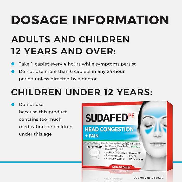 Sudafed PE Non-Drowsy Head Congestion + Pain Relief Caplets with Ibuprofen 200 mg & Phenylephrine HCl 10 mg, Nasal Decongestant & NSAID Pain Reliever & Fever Reducer, 20 ct (Pack of 2) - Image 6