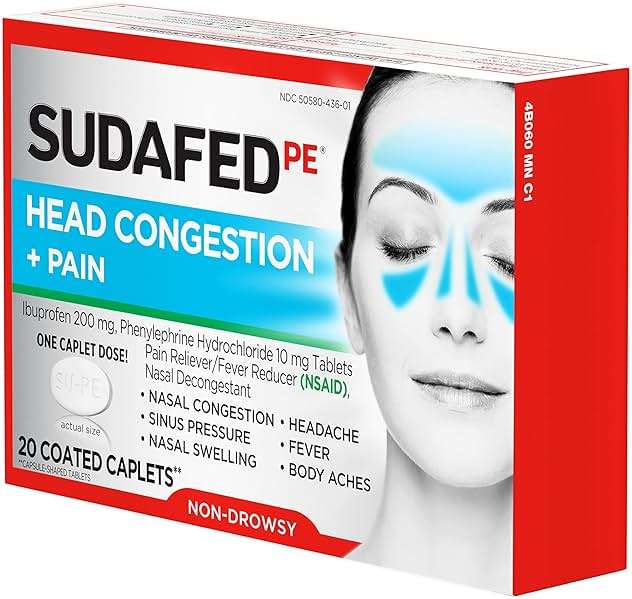 Sudafed PE Non-Drowsy Head Congestion + Pain Relief Caplets with Ibuprofen 200 mg & Phenylephrine HCl 10 mg, Nasal Decongestant & NSAID Pain Reliever & Fever Reducer, 20 ct (Pack of 2) - Image 9