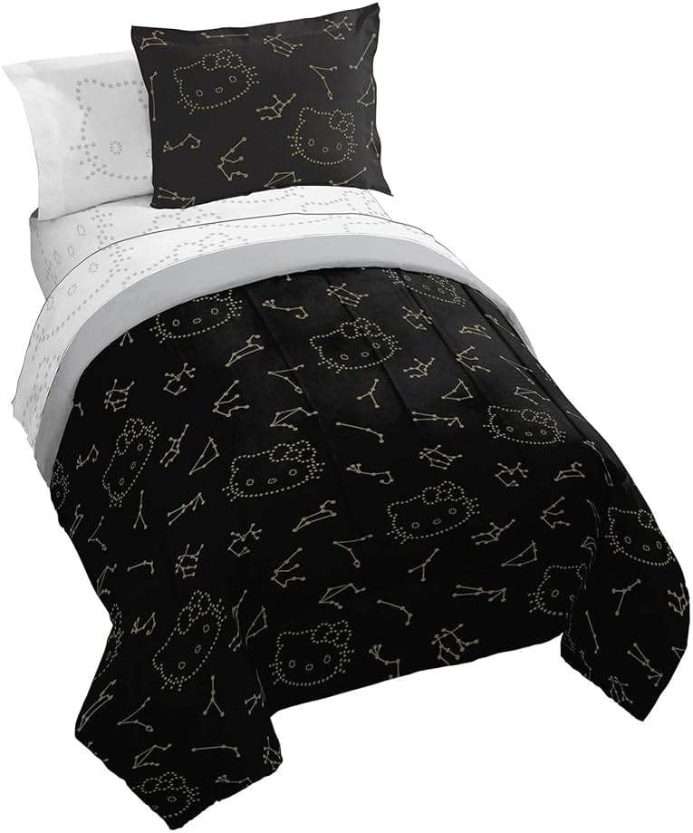 Jay Franco Hello Kitty Stars Twin Comforter Set - 5 Piece Bedding Includes Sheet Set & Pillow Covers - Super Soft Zodiac Black & Gold Bedding - Image 1