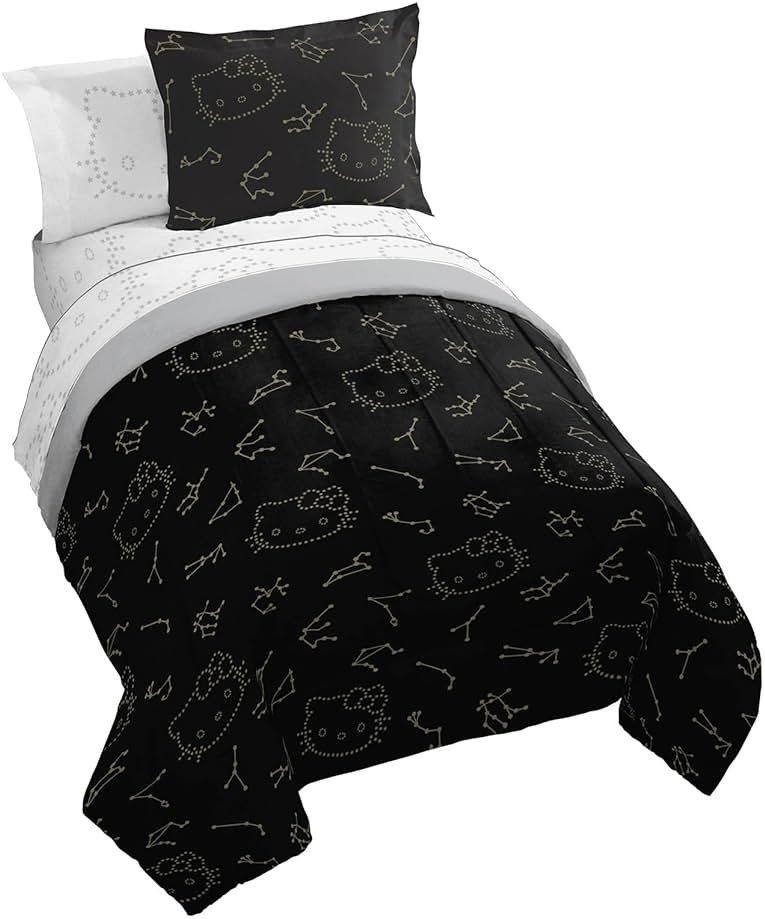 Jay Franco Hello Kitty Stars Twin Comforter Set - 5 Piece Bedding Includes Sheet Set & Pillow Covers - Super Soft Zodiac Black & Gold Bedding - Product Image