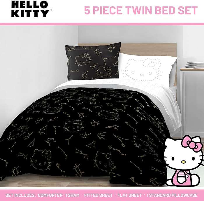 Jay Franco Hello Kitty Stars Twin Comforter Set - 5 Piece Bedding Includes Sheet Set & Pillow Covers - Super Soft Zodiac Black & Gold Bedding - Image 3