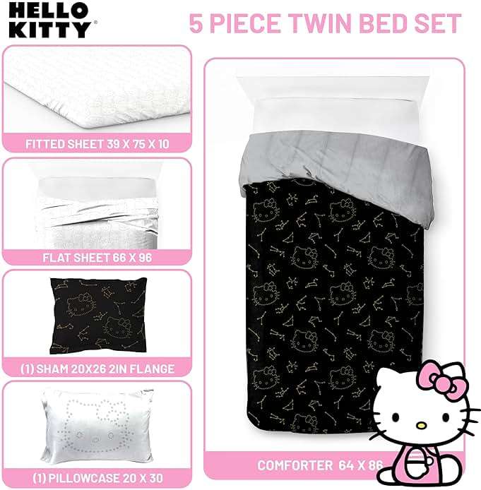 Jay Franco Hello Kitty Stars Twin Comforter Set - 5 Piece Bedding Includes Sheet Set & Pillow Covers - Super Soft Zodiac Black & Gold Bedding - Image 4