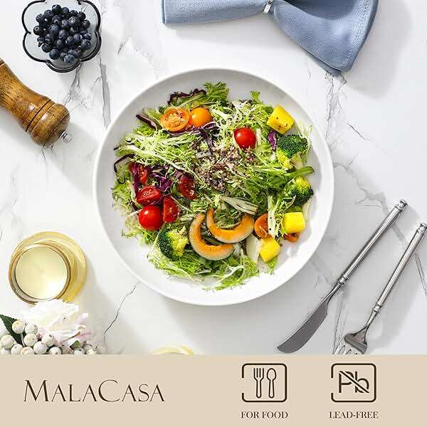 MALACASA 10" Large Pasta Bowls, 56 OZ White Salad Bowls Soup Bowls, Porcelain Serving Bowls Set of 4, Large Kitchen Bowl Plates Pasta Plates, Microwave & Dishwasher Safe, Series REGULAR - Image 2
