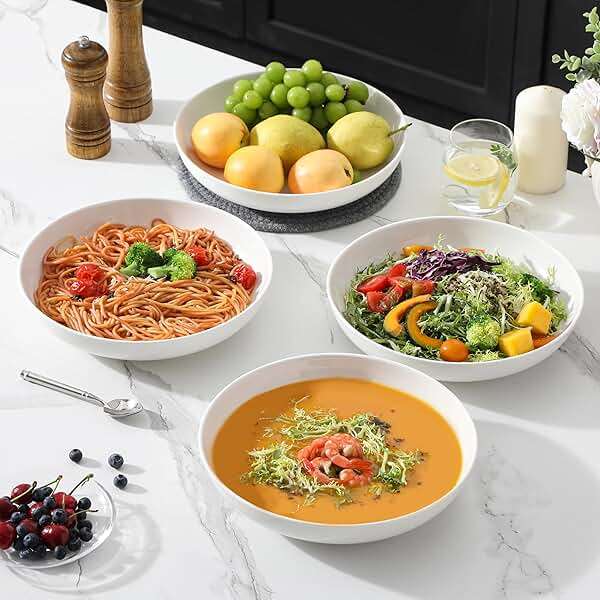 MALACASA 10" Large Pasta Bowls, 56 OZ White Salad Bowls Soup Bowls, Porcelain Serving Bowls Set of 4, Large Kitchen Bowl Plates Pasta Plates, Microwave & Dishwasher Safe, Series REGULAR - Image 5