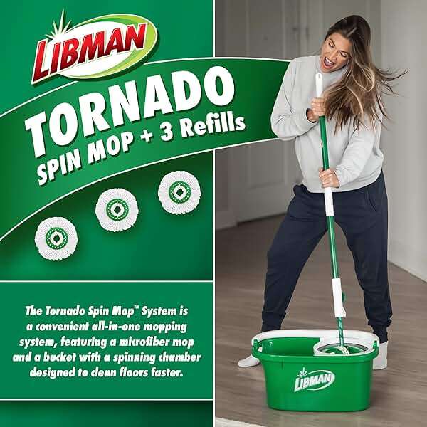 Libman Tornado Spin Mop System with 3 Refill Heads, Microfiber Spinning Mop and Bucket with Wringer Set for Home, Floor Cleaning of Hard-Wood, Laminate, Tile, All Surface Cleaner, 4 Total Mop Heads - Image 2
