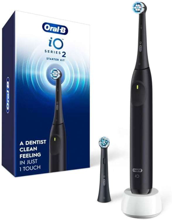Oral-B iO Series 2 Rechargeable Electric Powered Toothbrush Starter Kit, Night Black with 2 Brush Heads - Automatic Pressure Sensor to Protect Gums - 3 Modes - 2 Min Timer - Image 1