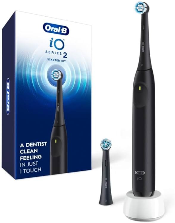 Oral-B iO Series 2 Rechargeable Electric Powered Toothbrush Starter Kit, Night Black with 2 Brush Heads - Automatic Pressure Sensor to Protect Gums - 3 Modes - 2 Min Timer - Product Image