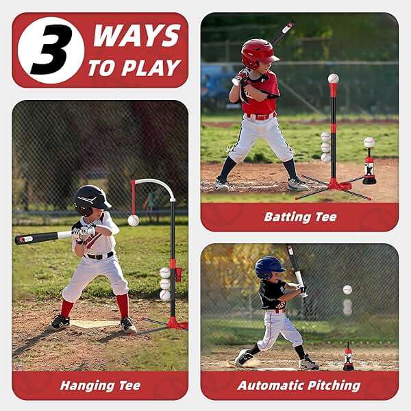Wee Wonders 3-in-1 T Ball Set - Adjustable Height, Hanging Tee Ball Set with Automatic Pitching Machine/6 Balls/Retractable Bat, TBall Stand Suit for Outdoor, Sport Toys Gifts for Kids Boys Age 3+ - Image 3