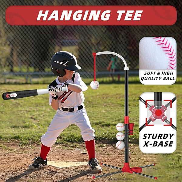 Wee Wonders 3-in-1 T Ball Set - Adjustable Height, Hanging Tee Ball Set with Automatic Pitching Machine/6 Balls/Retractable Bat, TBall Stand Suit for Outdoor, Sport Toys Gifts for Kids Boys Age 3+ - Image 5
