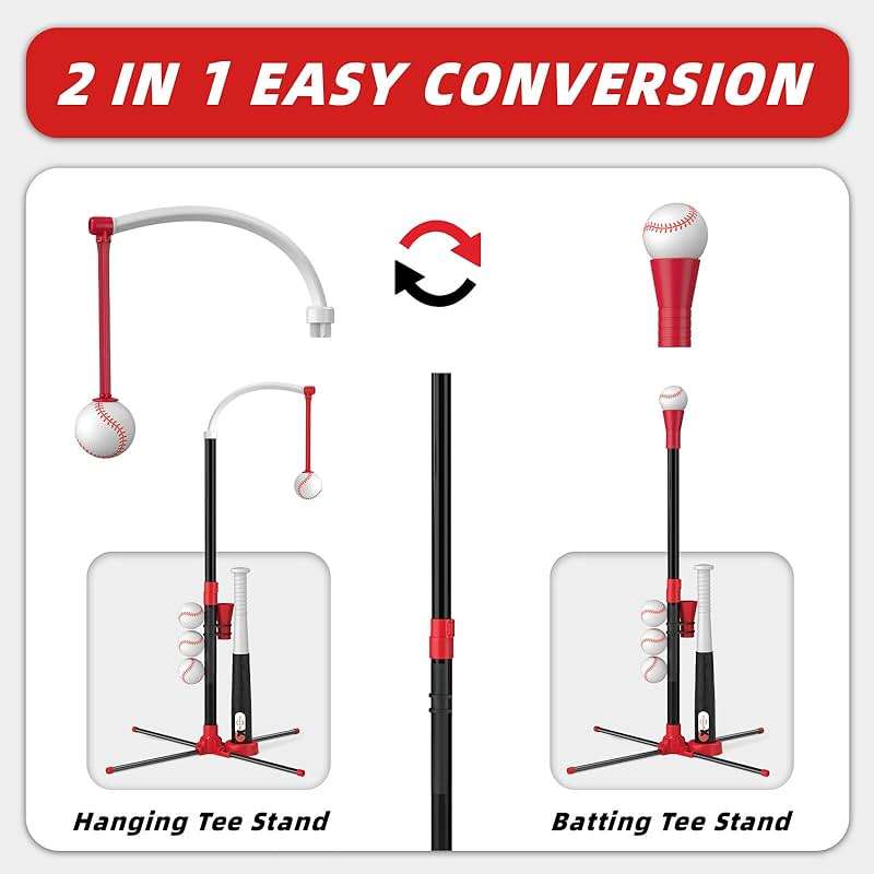 Wee Wonders 3-in-1 T Ball Set - Adjustable Height, Hanging Tee Ball Set with Automatic Pitching Machine/6 Balls/Retractable Bat, TBall Stand Suit for Outdoor, Sport Toys Gifts for Kids Boys Age 3+ - Image 7