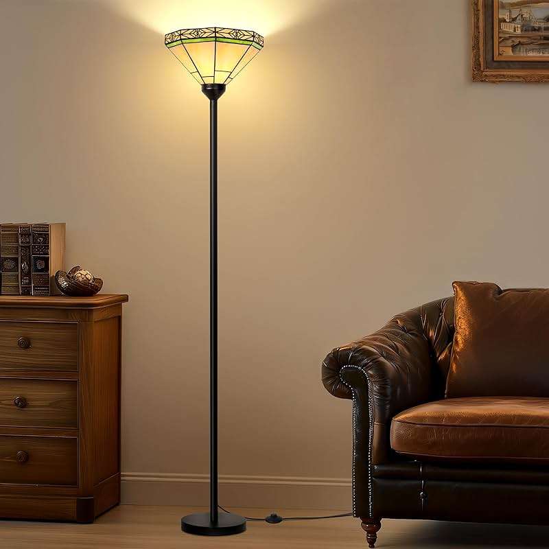 Floor Lamp with Stained Glass Shade, Vintage Style Torchiere Standing Lamp, Tall Pole Lamp with Foot Switch, Mid Century Modern Decorative Corner Light for Living Room Bedroom Home Office(E26 Base) - Image 1