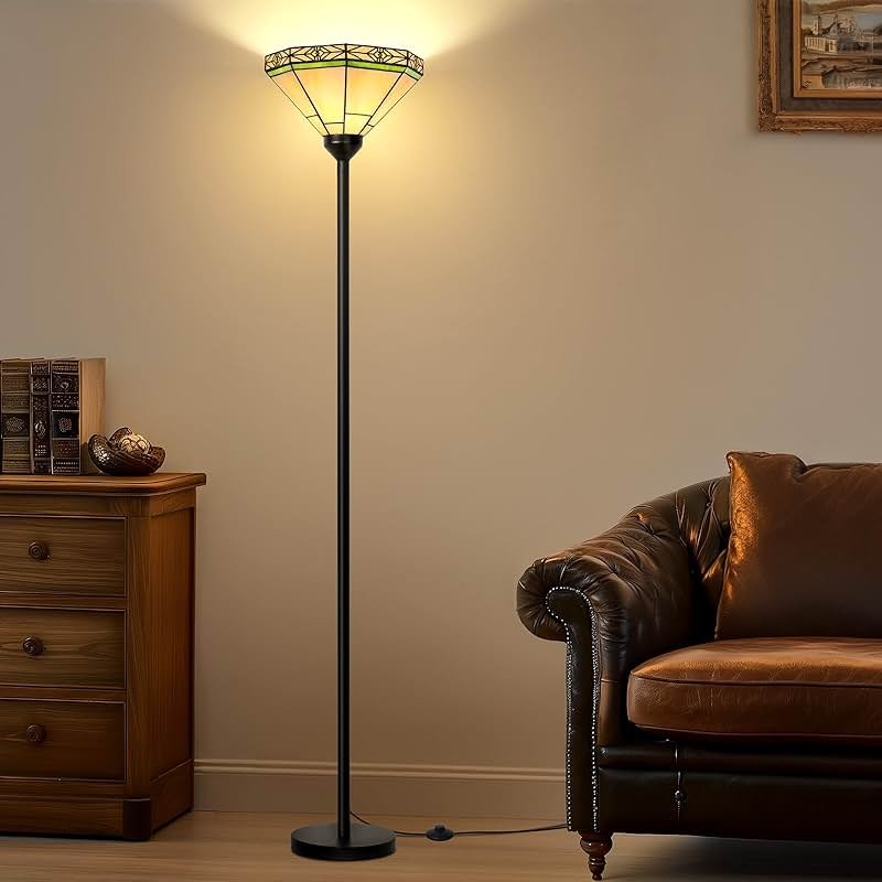 Floor Lamp with Stained Glass Shade, Vintage Style Torchiere Standing Lamp, Tall Pole Lamp with Foot Switch, Mid Century Modern Decorative Corner Light for Living Room Bedroom Home Office(E26 Base) - Product Image