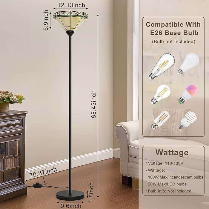 Floor Lamp with Stained Glass Shade, Vintage Style Torchiere Standing Lamp, Tall Pole Lamp with Foot Switch, Mid Century Modern Decorative Corner Light for Living Room Bedroom Home Office(E26 Base) - Image 2