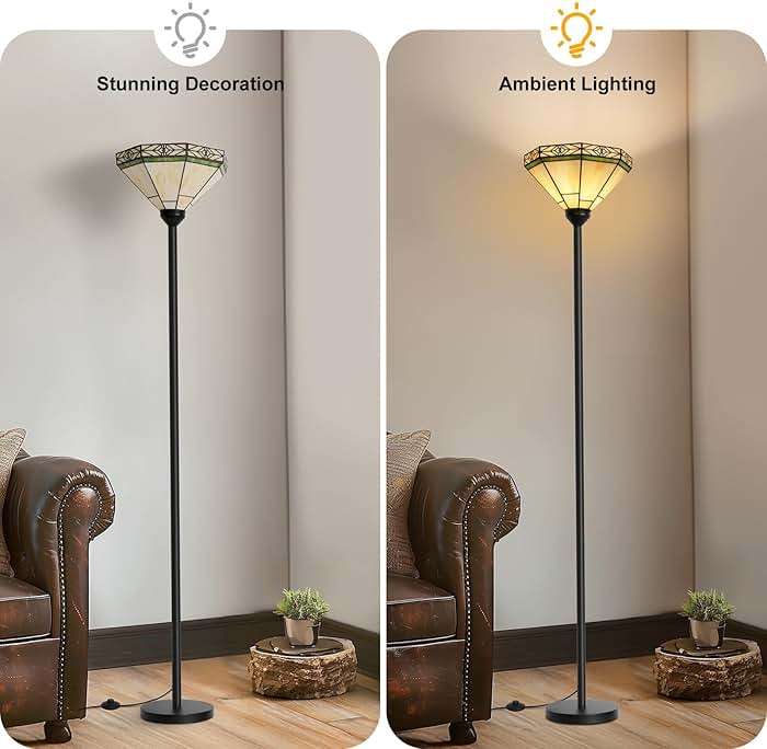 Floor Lamp with Stained Glass Shade, Vintage Style Torchiere Standing Lamp, Tall Pole Lamp with Foot Switch, Mid Century Modern Decorative Corner Light for Living Room Bedroom Home Office(E26 Base) - Image 3