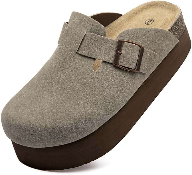 Vayfio Women's Suede Clogs Cork Footbed Sandals Comfort Platform Mules with Arch Support Adjustable Buckle Slip On Slippers - Image 1