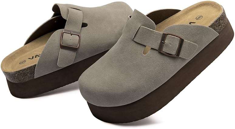 Vayfio Women's Suede Clogs Cork Footbed Sandals Comfort Platform Mules with Arch Support Adjustable Buckle Slip On Slippers - Image 4