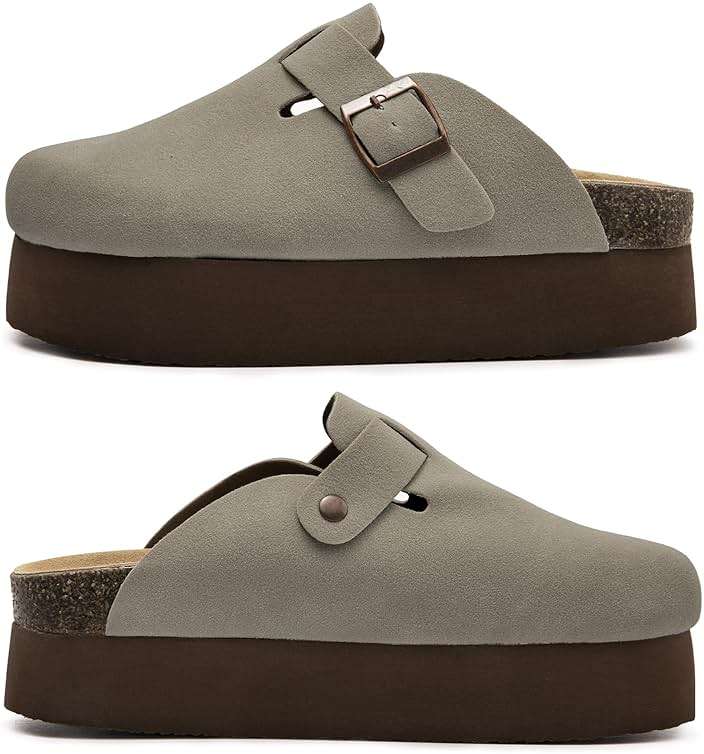 Vayfio Women's Suede Clogs Cork Footbed Sandals Comfort Platform Mules with Arch Support Adjustable Buckle Slip On Slippers - Image 5