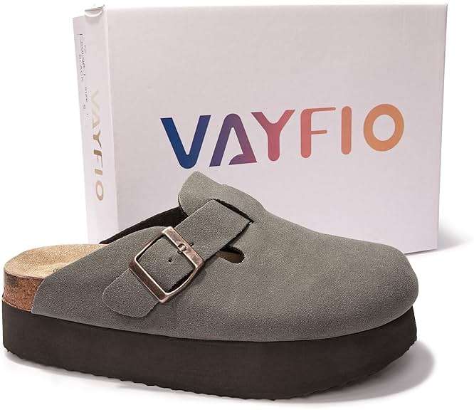 Vayfio Women's Suede Clogs Cork Footbed Sandals Comfort Platform Mules with Arch Support Adjustable Buckle Slip On Slippers - Image 6