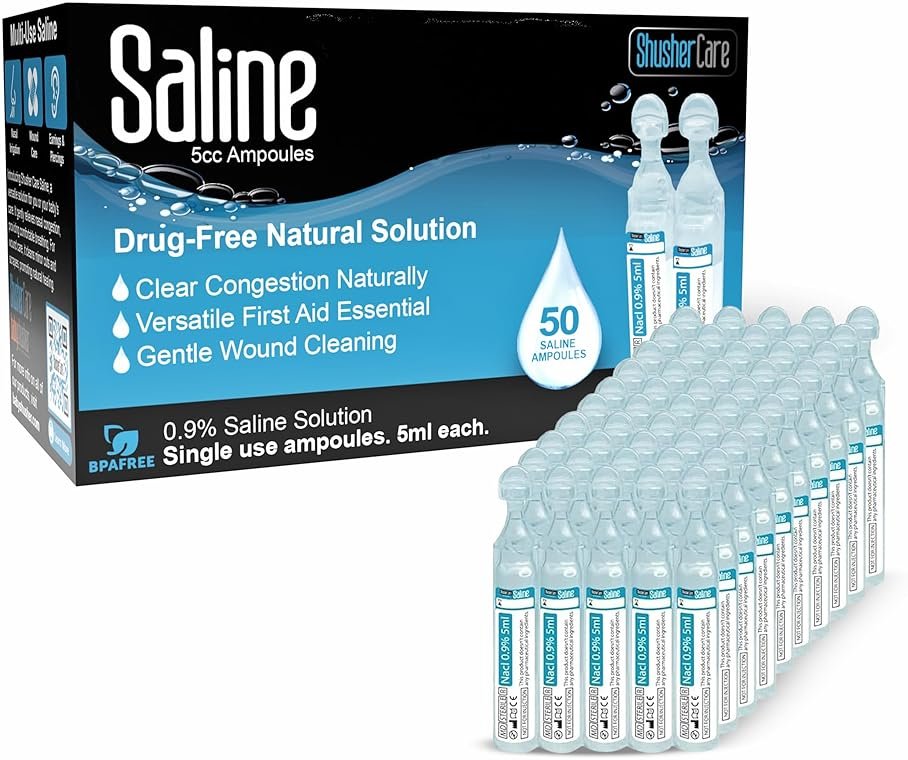 Saline Ampoules - Saline Solution, Sodium Chloride 0.9%, Nasal Cleanse for Babies, Kids, & Adults, Sterile Nasal Care, Wound Cleansing - 50 Count (5ml Each) - Product Image
