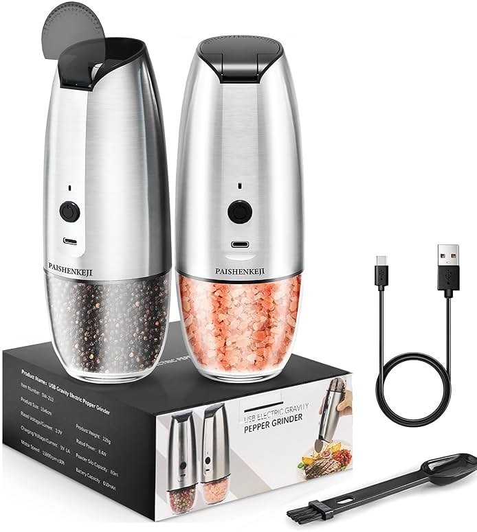 Electric Salt and Pepper Grinder Set: - For Gravity Electric Salt and Pepper Shakers Set Rechargeable Automatic Spice Grinder USB Powered Spice Peppercorn Shaker with Adjustable Coarseness - Product Image
