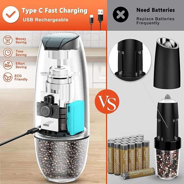 Electric Salt and Pepper Grinder Set: - For Gravity Electric Salt and Pepper Shakers Set Rechargeable Automatic Spice Grinder USB Powered Spice Peppercorn Shaker with Adjustable Coarseness - Image 3