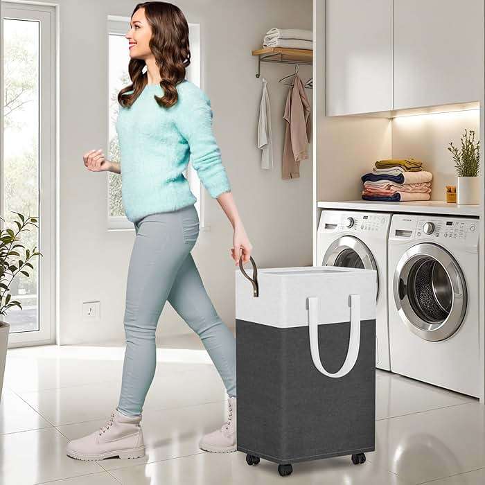 HomeHacks 75L Waterproof Rolling Laundry Hamper - Collapsible Clothes Basket with 4 Wheels for Bathroom, Laundry Room & Dorm, Easy-Clean PEVA Lining, Space-Saving Design(Gray) - Image 2