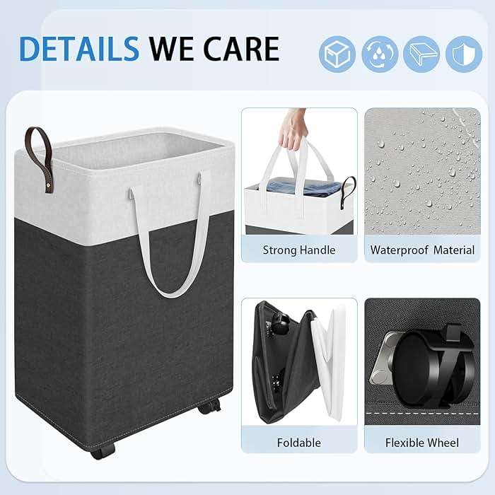 HomeHacks 75L Waterproof Rolling Laundry Hamper - Collapsible Clothes Basket with 4 Wheels for Bathroom, Laundry Room & Dorm, Easy-Clean PEVA Lining, Space-Saving Design(Gray) - Image 4