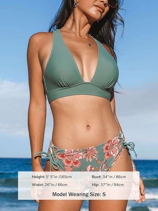CUPSHE Bikini Set for Women Two Piece Swimsuit V Neck Triangle Top Wide Straps Cross Back Lace up Mid Rise - Image 4