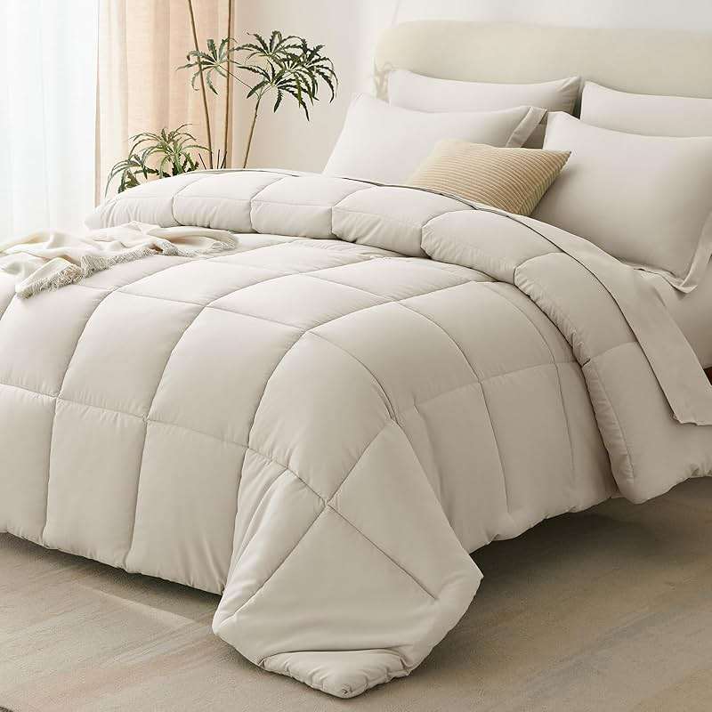 CozyLux Queen Comforter Set Beige - 7 Pieces Bed in a Bag Queen, Oeko-Tex Certified Bedding Set, All Season Soft Bed Set with Down Alternative Comforter, Sheets, Pillowcases & Shams - Image 1