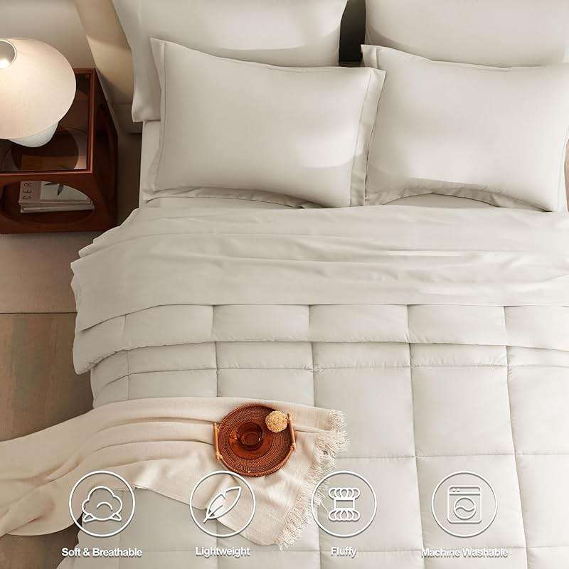 CozyLux Queen Comforter Set Beige - 7 Pieces Bed in a Bag Queen, Oeko-Tex Certified Bedding Set, All Season Soft Bed Set with Down Alternative Comforter, Sheets, Pillowcases & Shams - Image 2